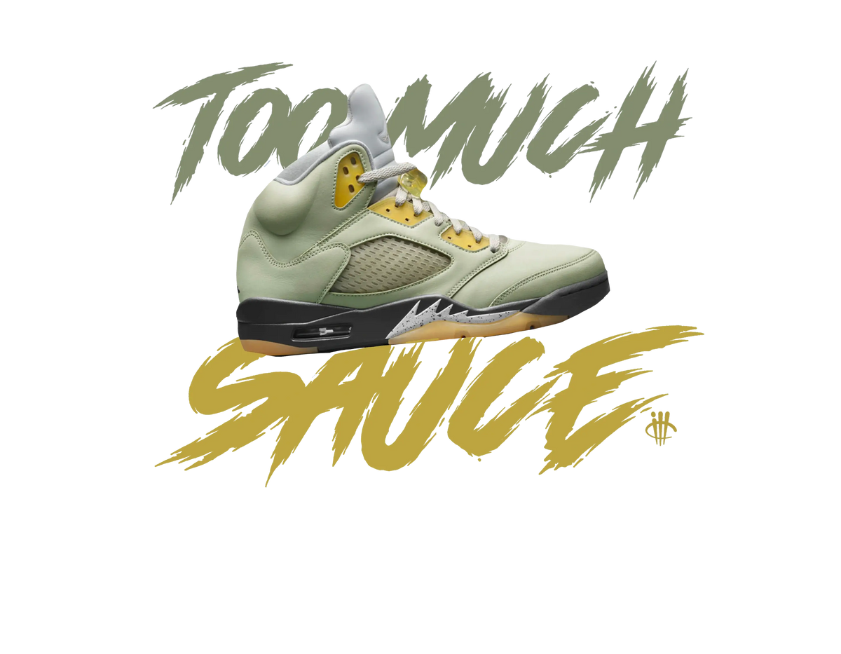 Air Jordan 5 “Jade Horizon” | illCurrency Black T-Shirt (too much sauce)